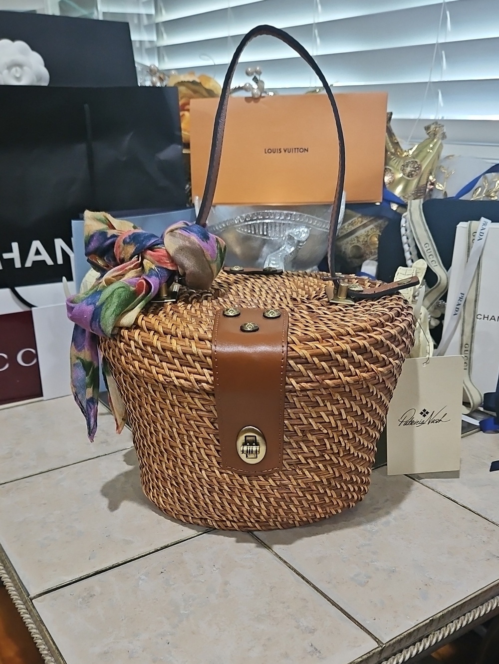 NWT! Parltricia Nash Caselle Wicker & Leather Basket Bag w/ Scarf